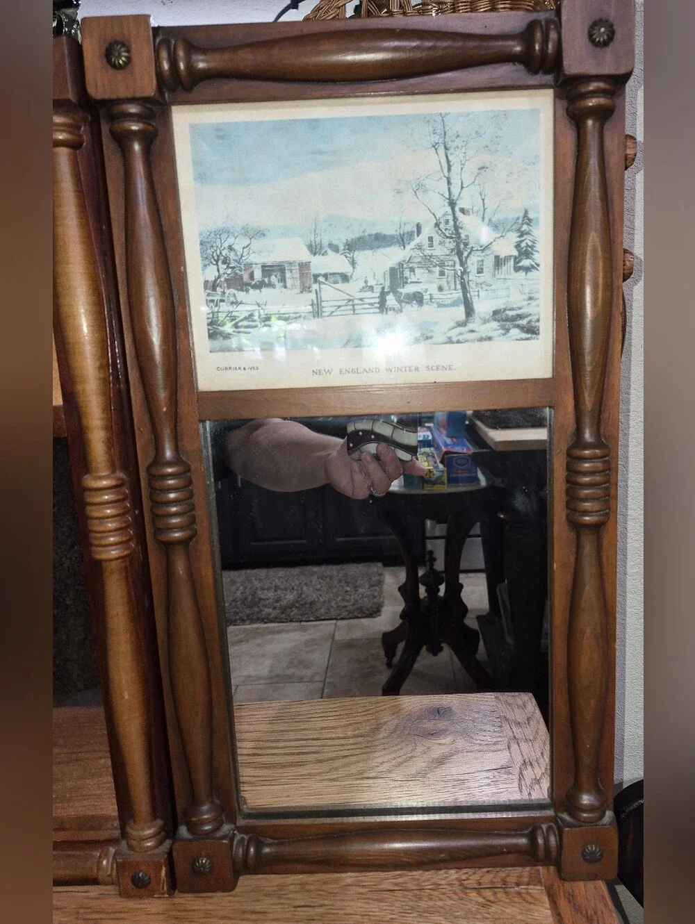 2 Vintage mid-century double-panel wall mirrors W/ turned wood spindle frame